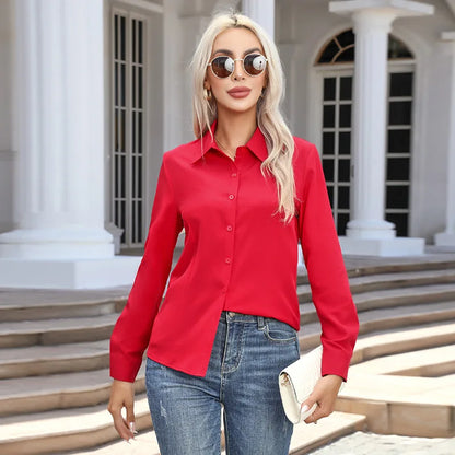 Women Elegant Solid Button Shirt Chiffon Blouse Spring Summer Casual Solid Long Sleeve Turn Down Collar Tunics OL Shirt Tops