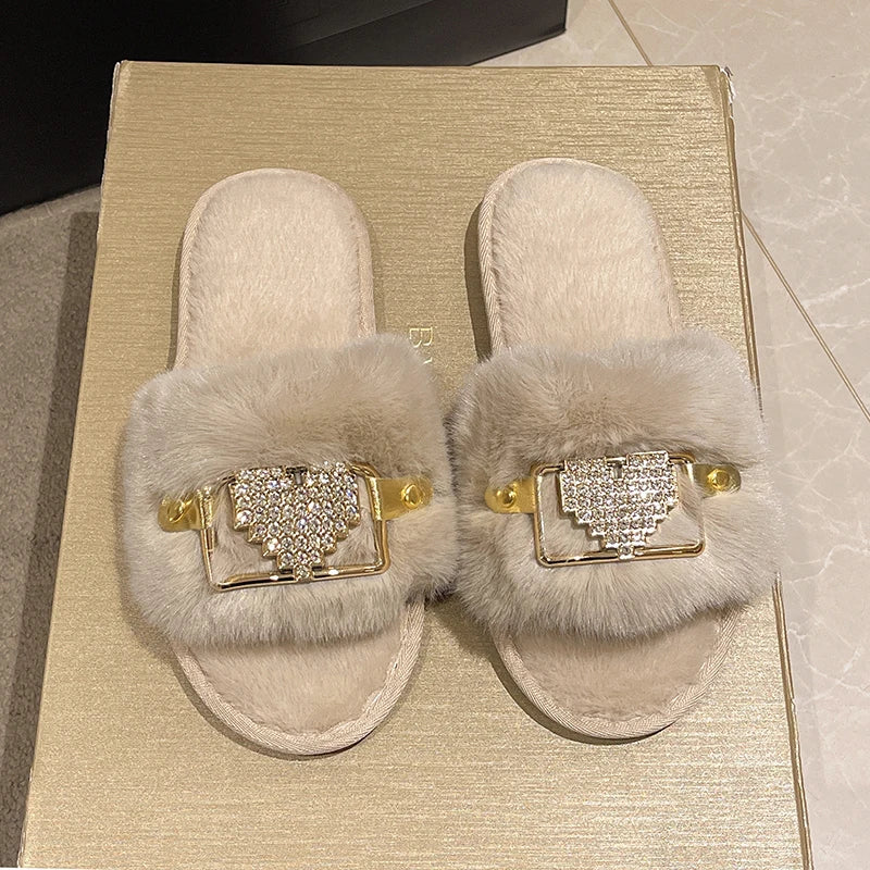 Love Chain Fluffy Women's Slippers Home Fashion Luxury Designer Shoes Woman Autumn Winter Faux Fuzzy Fur Slides Indoor Elegant