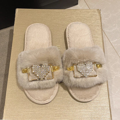 Love Chain Fluffy Women's Slippers Home Fashion Luxury Designer Shoes Woman Autumn Winter Faux Fuzzy Fur Slides Indoor Elegant