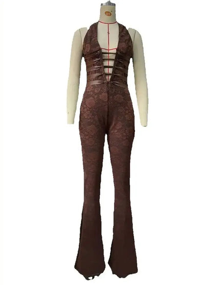 Weird Puss Hollow Bandage Jumpsuits Women Halter Sexy Jacquard Backless Sleeveless Skinny Street Workout Club Hipster Overalls