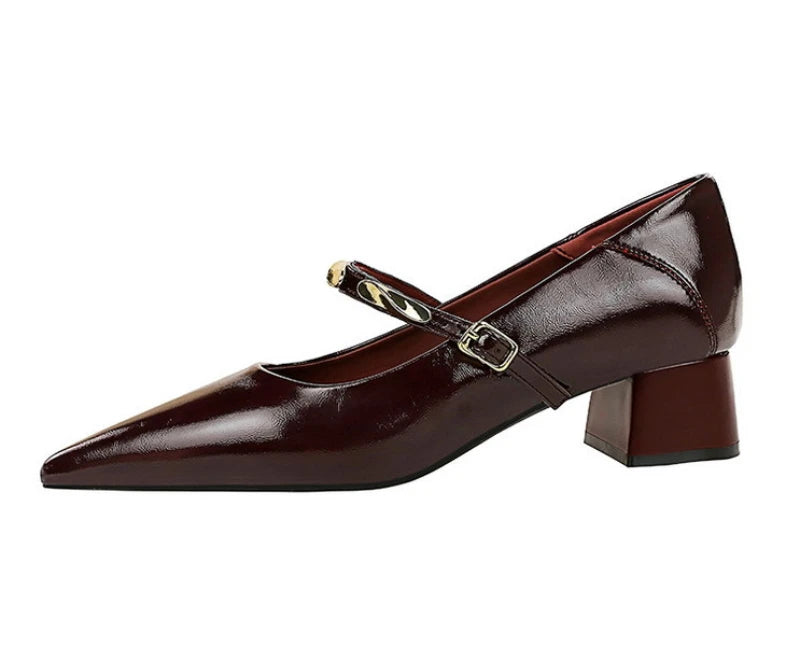Women Korean Vintage Soft Split Cow Leather Pointed Pumps Simple Single Metal Buckle Strap Mid Chunky Heel Comfort Office Daily