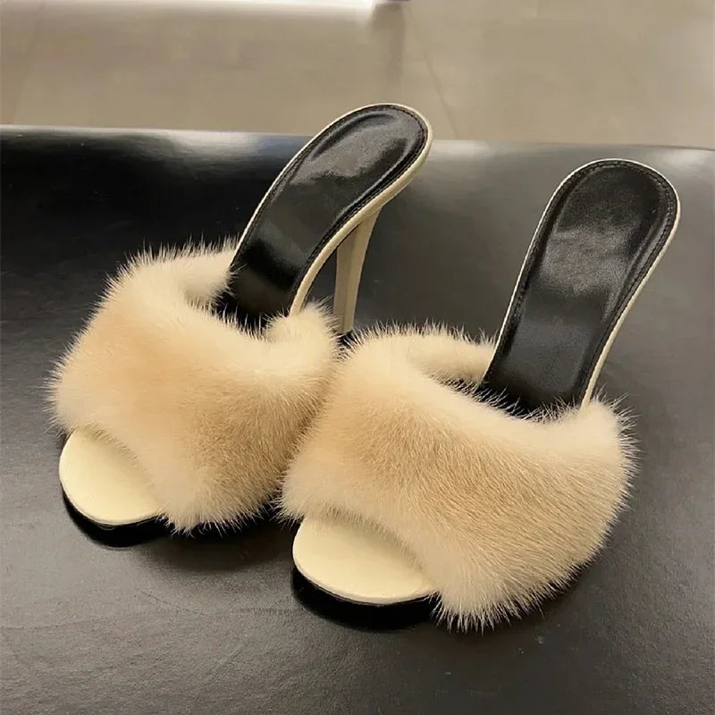 Mink fur high heels for women, slim heels, summer new style, open toe slippers, sexy fish mouth leather party sandals for women