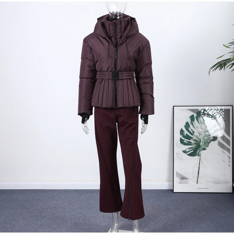 Fashion Hooded One-Piece Ski Jumpsuit Women Stand Collar Zipper High Waist Solid Windproof Outwear 2026 Winter Lady Skiwears New