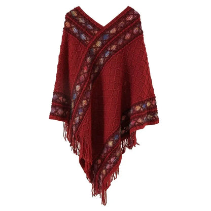 Plush Winter Warm Mongolian Poncho Ethnic Style Imitation Cashmere Rhombic Stripe Tassel Shawl Knitting Wraps Women Fashion