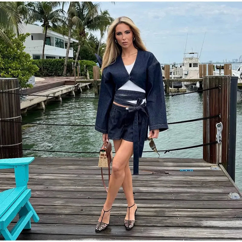 Street Lapel Cropped Coat Shorts Set Women's Solid Single Button Full Sleeve Jackets Ruffles Short Pants 2026 New Lady Outfits