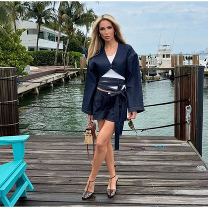 Street Lapel Cropped Coat Shorts Set Women's Solid Single Button Full Sleeve Jackets Ruffles Short Pants 2026 New Lady Outfits