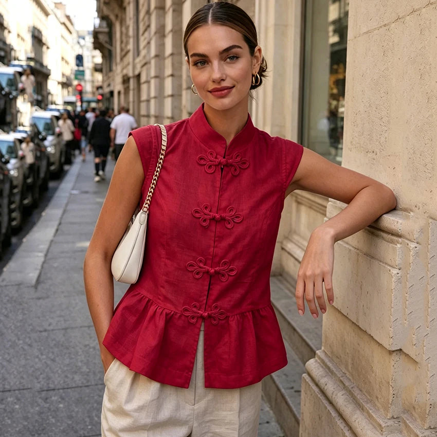 Linad Summer Chinese Style White Single Breasted Vest Woman Vintage Slim Stand Collar Tops 2026 Street Chic Sleeveless Tank Top