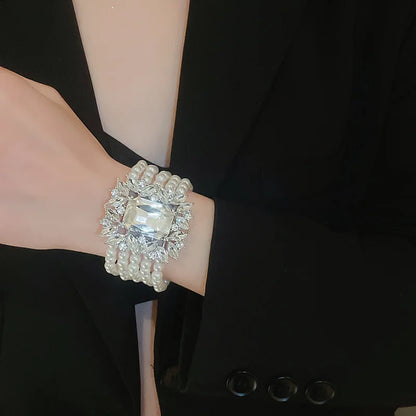 Shiny Big Square Zircon Bracelets Elegant Imitation Pearl Multi-layer Chain Bracelets Bangles for Women Party Wristbands K-