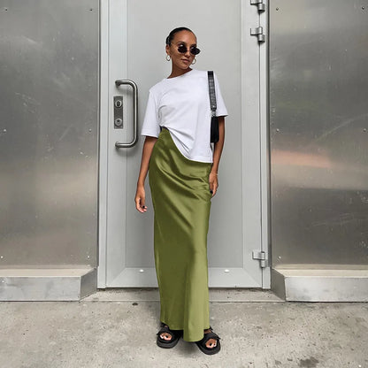 Elegant Satin Black Trumpet Skirts Fashion Slim High Waist Skirts Women Female Solid Office Long Skirt Spring Summer