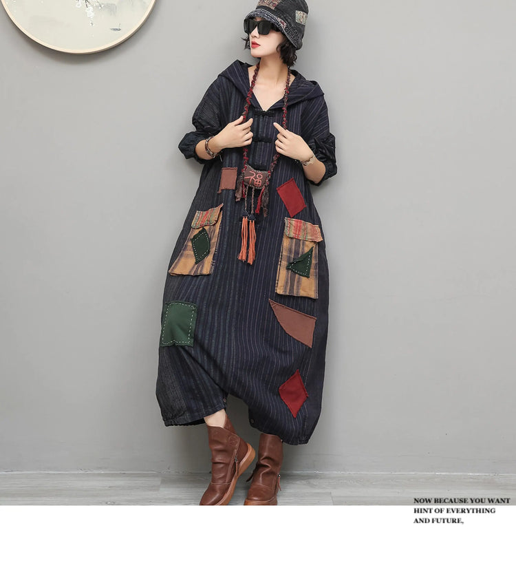 Unique Vintage-style Patchwork Jumpsuit Women Autumn Loose Hooded Long Sleeves Overalls LX6788