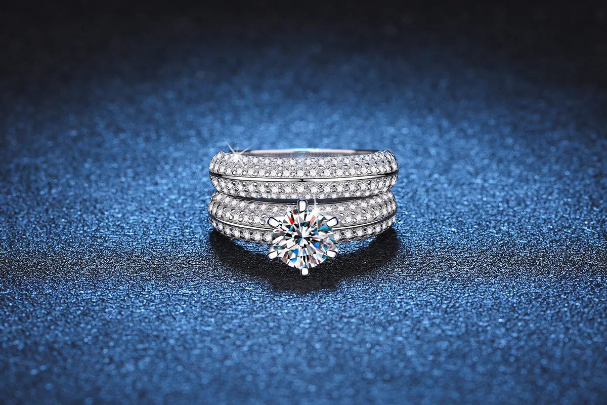 Women's PT950 Platinum Double Band Ring, High-Precision Craftsmanship, 1 Carat Moissanite Ring Set