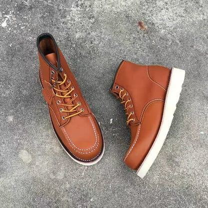 Men's Goodyear-Welted Vintage Genuine Leather Mid-calf Motorcycle Boots Round toe Casual Punk Dress Boots Work Shoes Western Red
