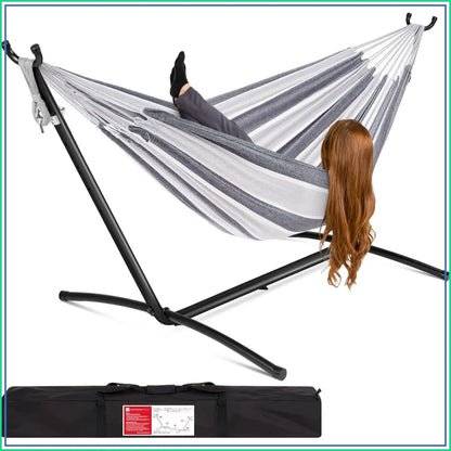 Double Hammock with Steel Stand, 2-Person, 450lbs, Cotton, Indoor Outdoor, Portable
