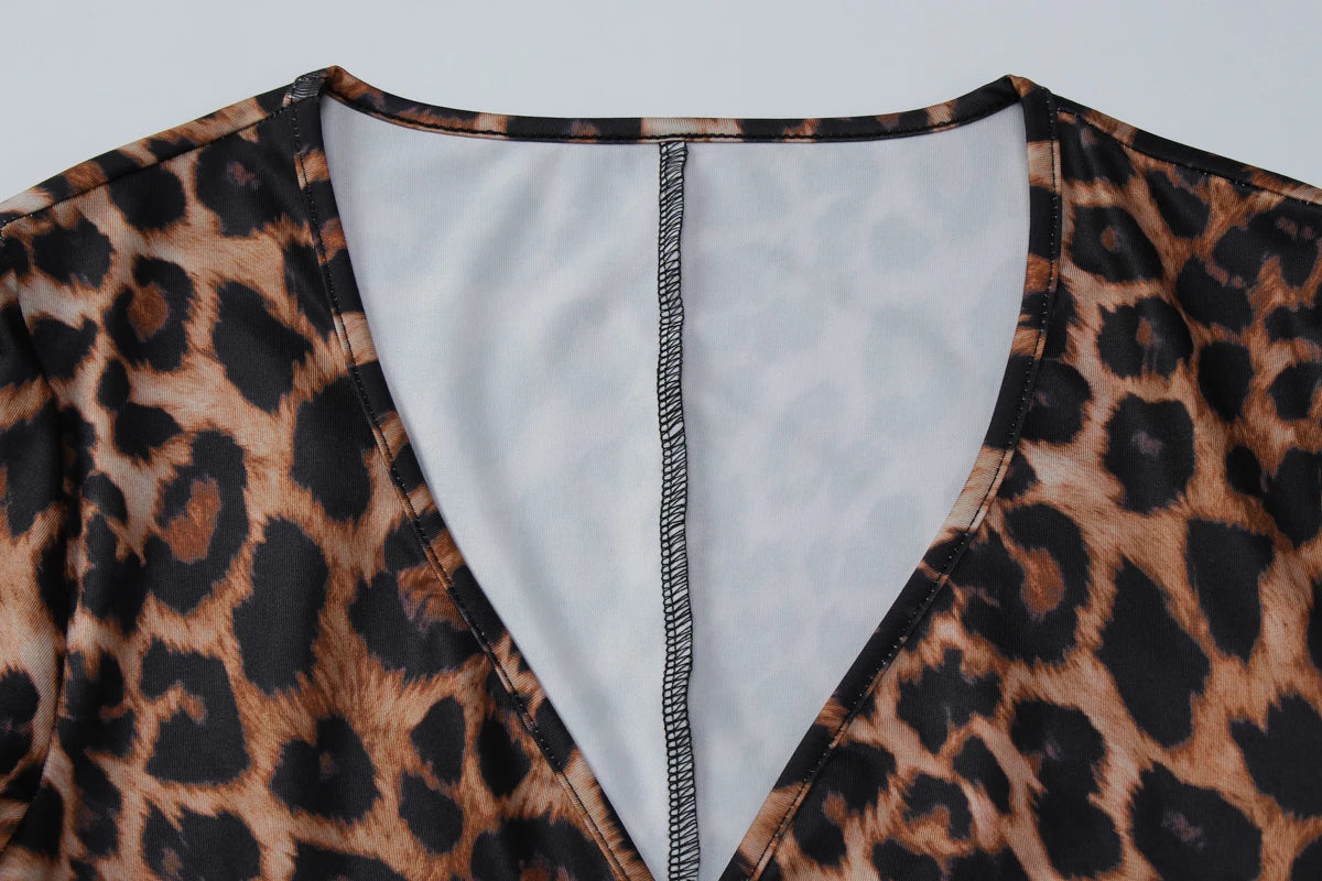 Dulzura Autumn Fashion Sexy V-Neck Long Sleeve Leopard Bodycon jumpsuit Women'S Casual Elegant Romper Party Club Street Clothes