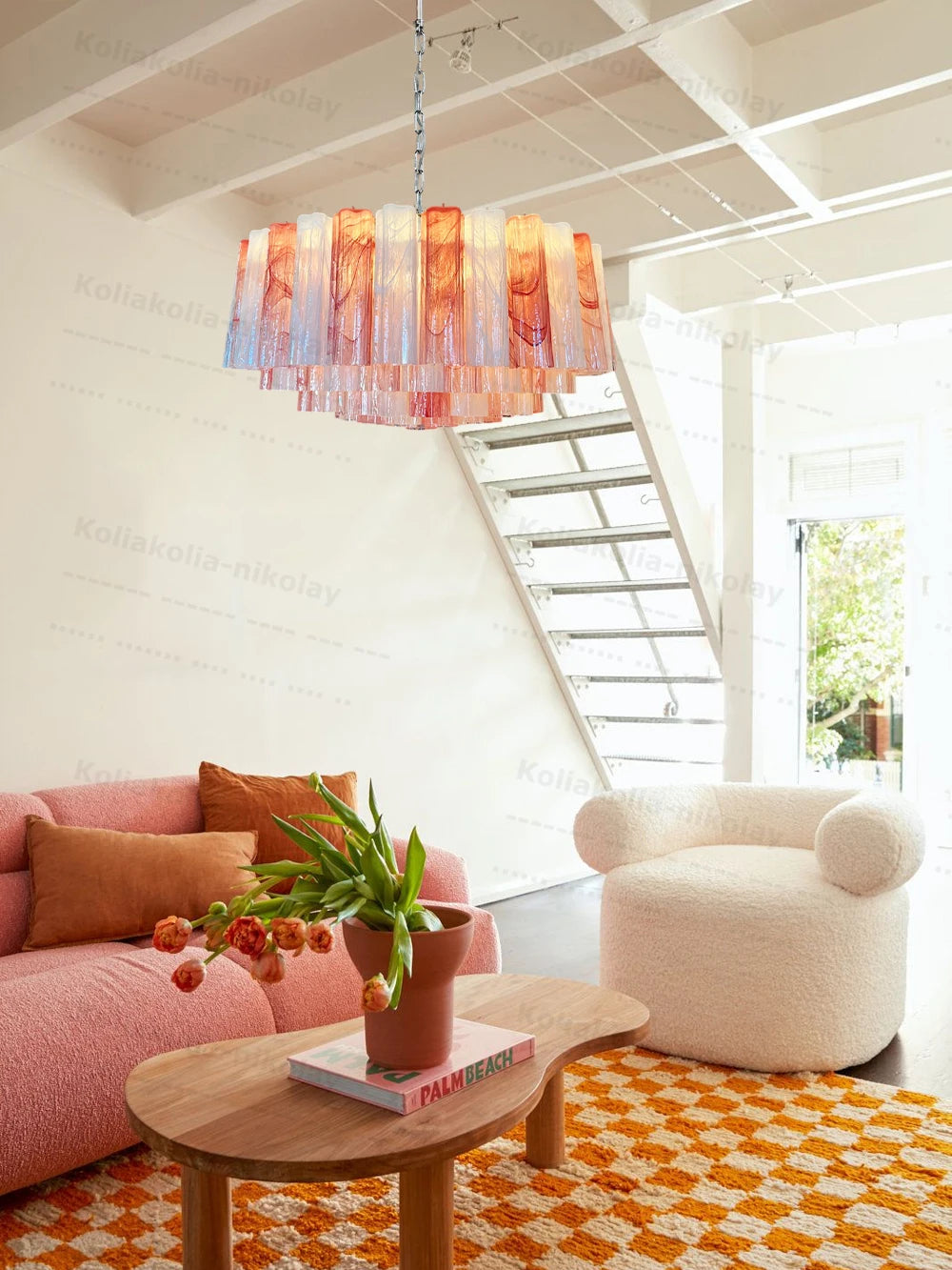 The Pink Love Glass Art Round 50-100cm Dimmable LED Chandelier Hanging Lamps Lustre Suspension Luminaire Lampen For Living Room