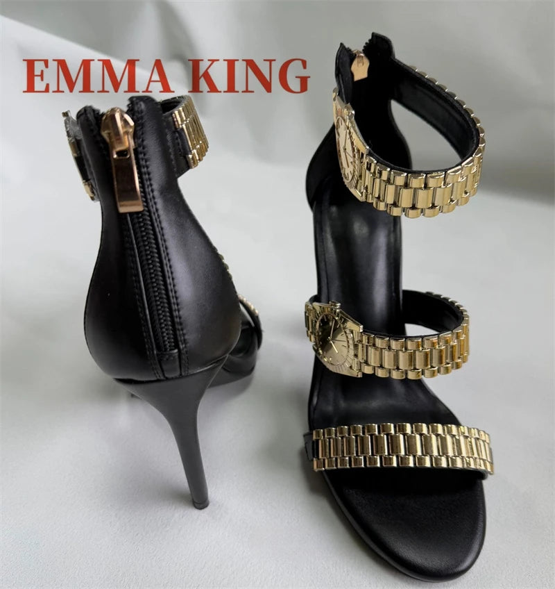 Gold Watch Studded Sandals Open Toe High Heel Ankle Strap Sandals Back Zipper Metal Chain Gladiator Sandals Summer Party Shoes