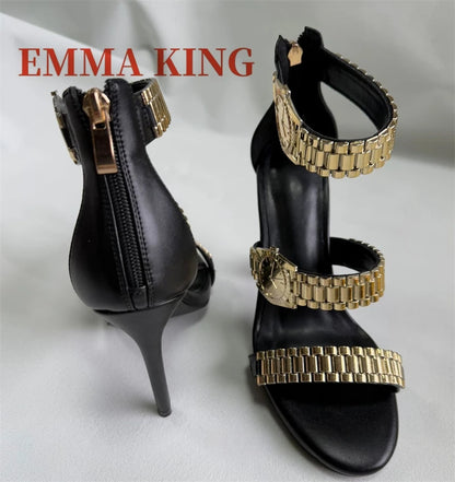 Gold Watch Studded Sandals Open Toe High Heel Ankle Strap Sandals Back Zipper Metal Chain Gladiator Sandals Summer Party Shoes