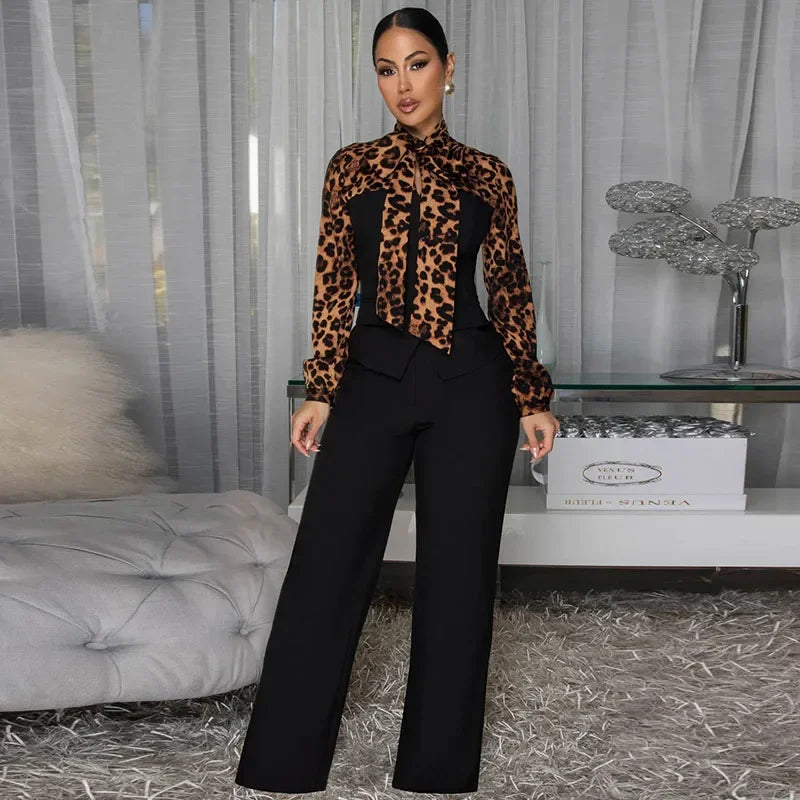 Doyerl Leopard Patchwork Shirt Style Jumpsuits Woman Elegant Vintage Long Sleeve High Waist One Piece Rompers Women Jumpsuit
