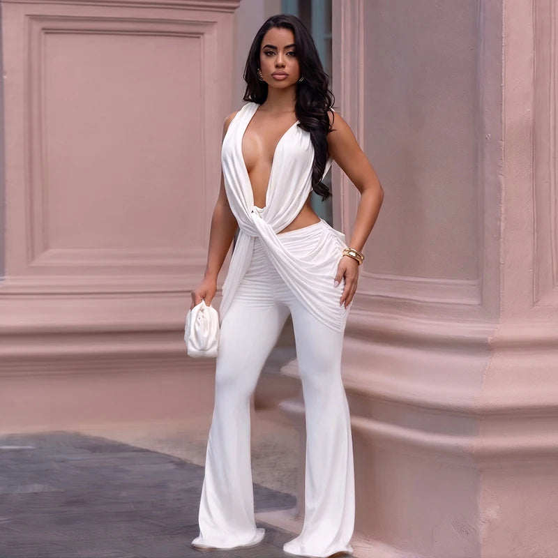 Sexy hot girl solid color layered hanging feeling low neck sleeveless jumpsuit pants