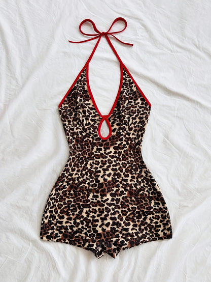 Women's Summer Leisure Vacation New V-Neck Camisole Tie Bow Front Hollow Black and White Contrasting Border Tight Ribbed Jumpsui