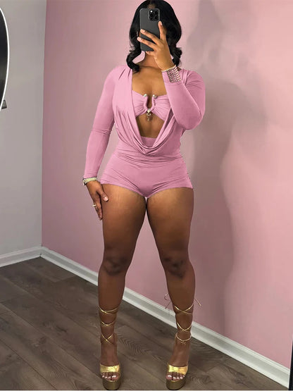 Sisterlinda Swinging Neck Playsuits Women Solid Metal Splice Cleavage Full Sleeve Stretch Sexy Slim Romers Chic Trend Clubwear