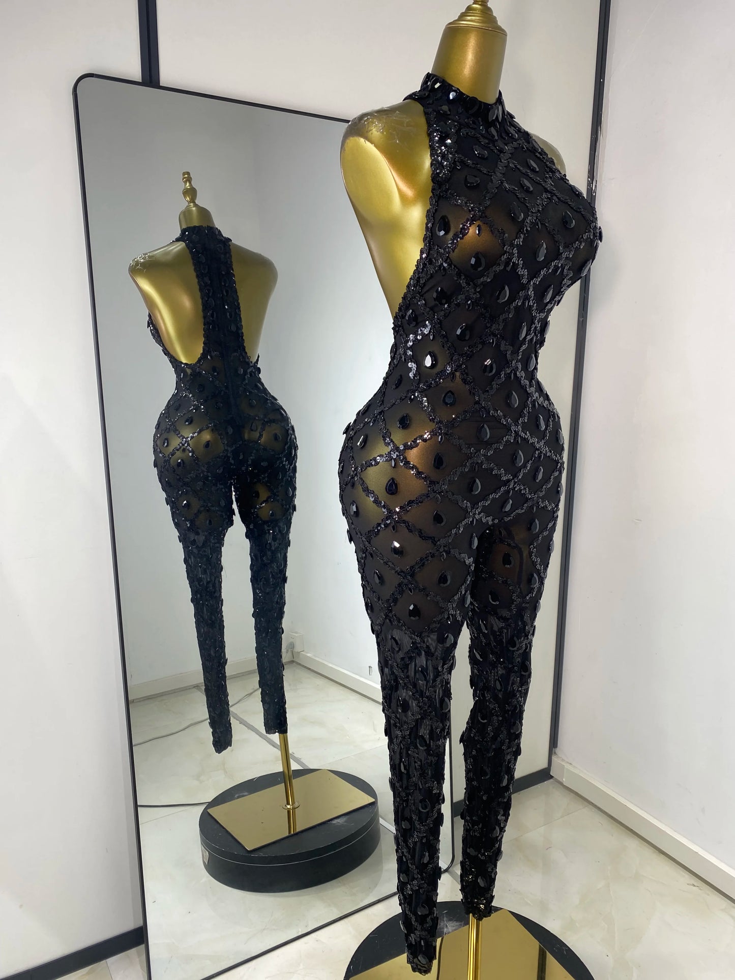 Women Rhinestones Sequines Mesh Bodycon Jumpsuits Sexy Special Occassion Nightclub DJ Dancer Stage Costumes Evening Club Dress
