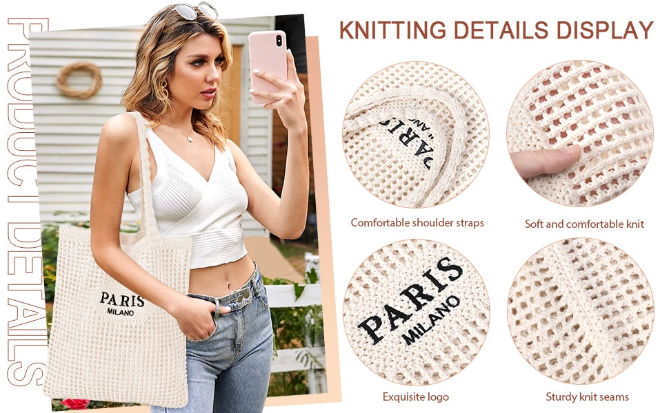 Crochet Tote Bag for Women, Crochet Mesh Beach Tote Bag Summer Vacation Aesthetic Boho Knit Bag for Women