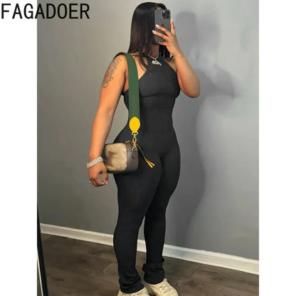 FAGADOER Casual Solid Bodycon Sporty One Pieces Jumpsuits Women Halter Sleeveless Backless Slim Playsuits Female Stacked Overall