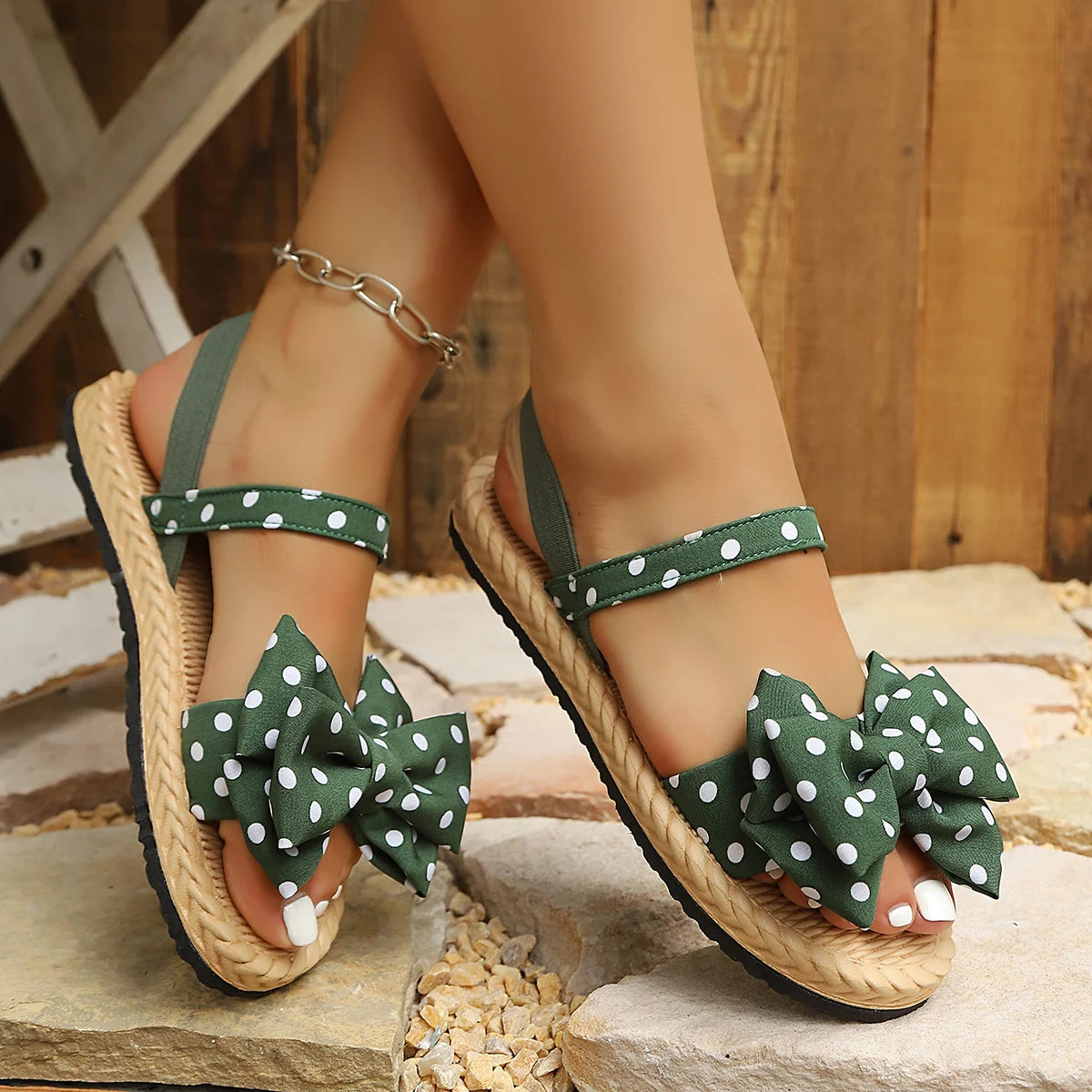 Ladies Flat Sandals Polka Dot Butterfly Knot Multi-Color Comfortable Footwear Fashionable Summer Shoes