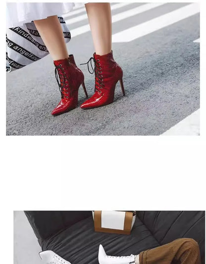 12CM Stiletto Heels Botas Mujer Fashion Pointed Lace-up Ankle Boots Roman Ladies Shoes Autumn Winter Women Emboss Short Booties