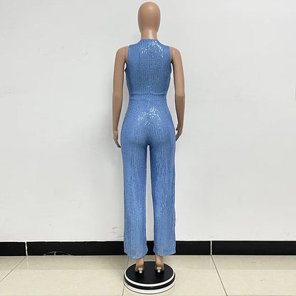 Bling Bling Sequined Club Jumpsuit Sexy Women O-neck Elegant Shiny Sliver Gold Sequins Straight Romper Overalls