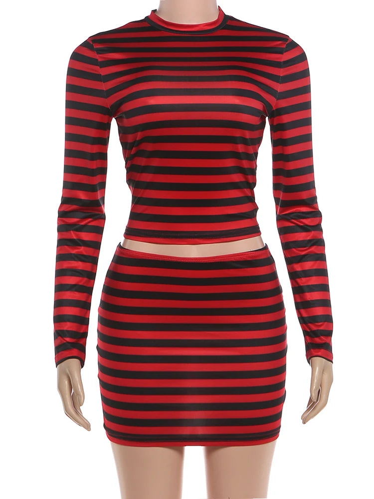 Weird Puss Striped Print 2-Piece Set Women O-Neck Full Sleeve Crop Tops+Mini Simple Skirt Spring Trend Skinny Classic Party Suit