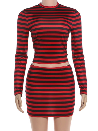 Weird Puss Striped Print 2-Piece Set Women O-Neck Full Sleeve Crop Tops+Mini Simple Skirt Spring Trend Skinny Classic Party Suit