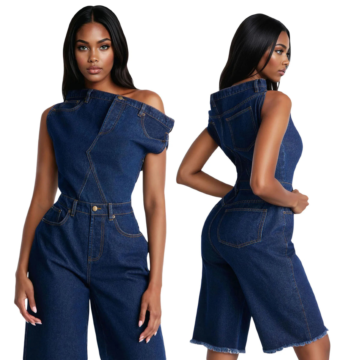 Jumpsuits Women Denim One Piece Short Sleeve Overalls Knee Length Pants Tight Waist Rompers Y2k Streetwear Slash Neck 2026