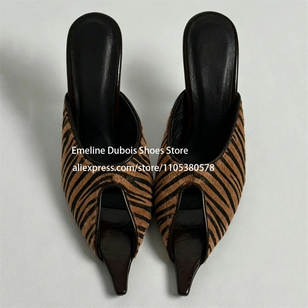 Zebra Print Faux Pony Hair Cutout High Heel Sandals Women Pointed Toe Slip on Stilettos Mules Sexy Party Ladies Dress Sandals