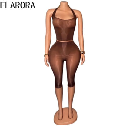 FLARORA Sexy Mesh See Through 2 Piece Sets Woman Halter Crop Tank Tops And Skinny Capri Pants Hottie Midnight Party Club Suits