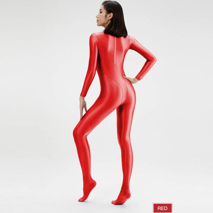 2023 AMORESY Women's Catsuit Playsuits Wetlook Shiny Glossy Tights Zipper Leotards Fullbody Overall Zentai Jumpsuits