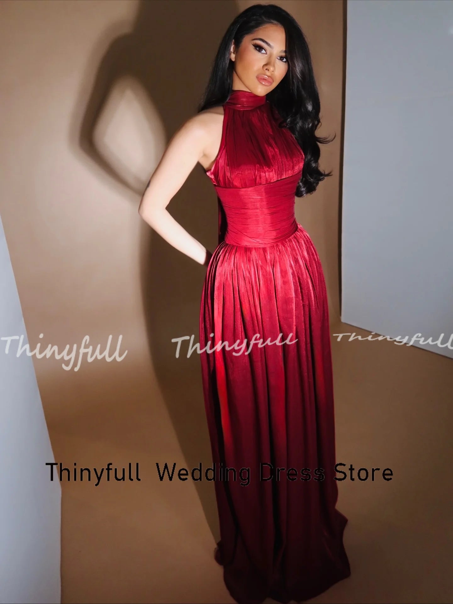 Thinyfull A-line Arab Long Prom Dress Halter Sleeveless Shiny Satin Evening Party Dresses Dubai Dress Robe De Soirée Customized