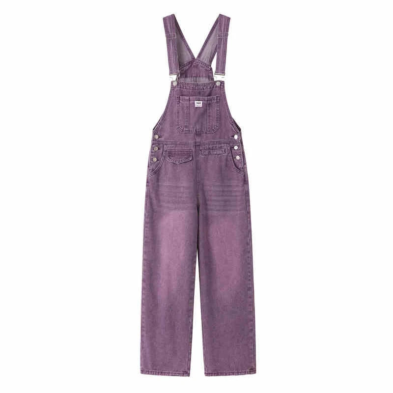 Vintage Purple Denim Overalls Women Spring Autumn High Waist Straight Jumpsuits Female Loose Casual Suspender Jeans