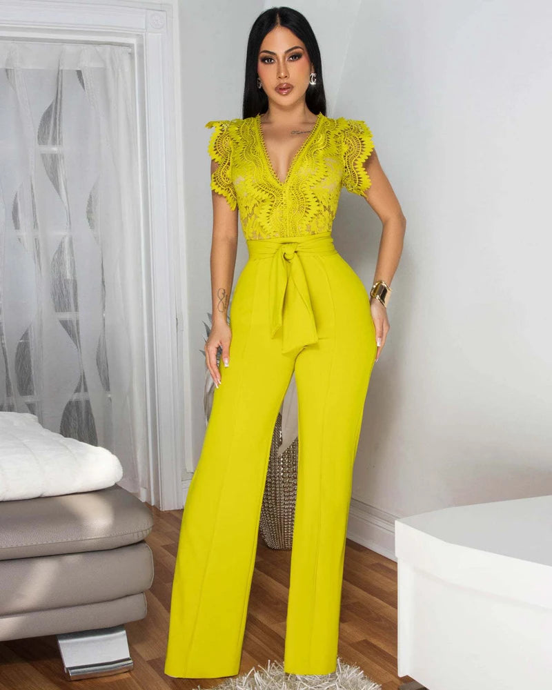 Women Outfits Elegant Luxury One Piece V Neck Romper Bandage High Waist Sexy See-Through Lace Patchwork Sleeveless Jumpsuits