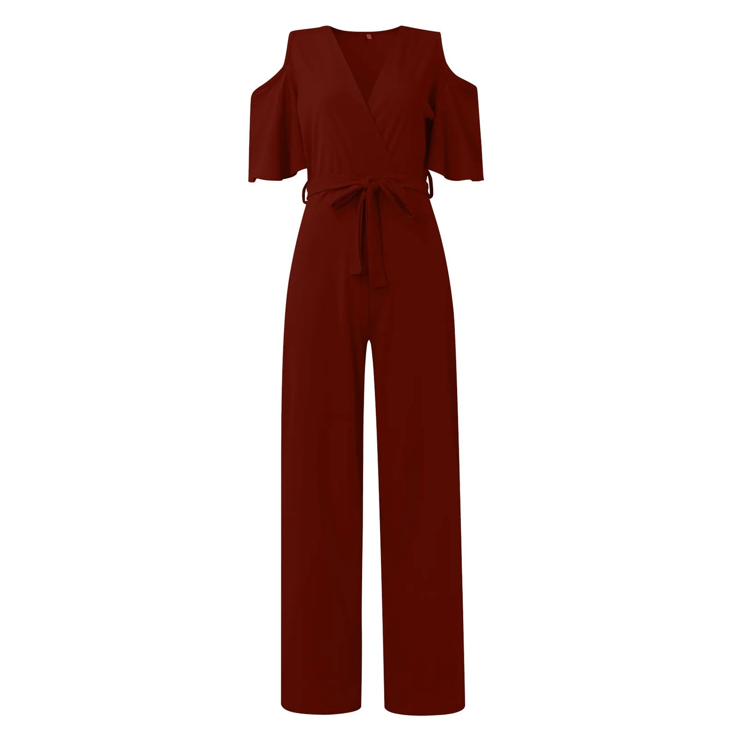 Jumpsuit Summer Pure Color Women Sexy Deep V Neck Short Sleeve Rompers Fashion Slim Fit Lace Up Elegant Female Wide Leg Jumpsuit