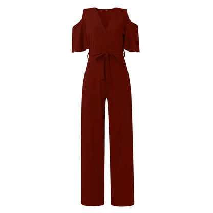 Jumpsuit Summer Pure Color Women Sexy Deep V Neck Short Sleeve Rompers Fashion Slim Fit Lace Up Elegant Female Wide Leg Jumpsuit
