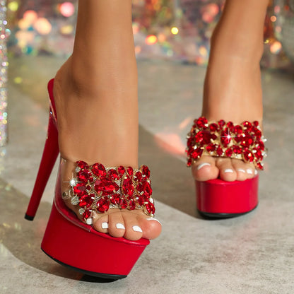 Luxury Rhinestones Transparent Slippers Women Platform Thin High Heels Model Catwalk Sandals 15CM Summer Night Club Stage Shoes