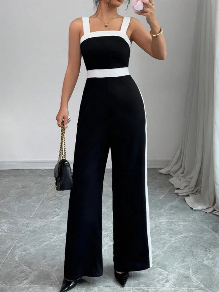 Women's Casual Black Jumpsuit White Contrast Trim Square Neck Great for City Nights Social Gatherings Fashionable Wear