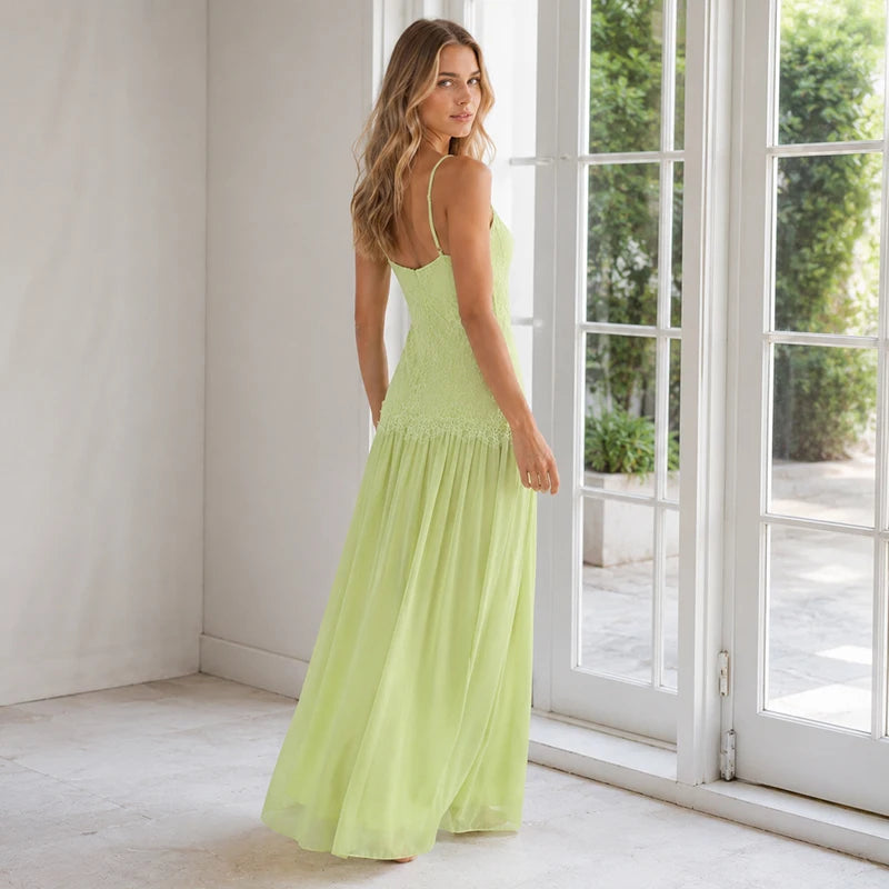 Women's Lace Spliced Dress Sage Green Floral Embroidery Spaghetti Strap Flowy Long Dress Elegant Bohemian Summer Party Dress