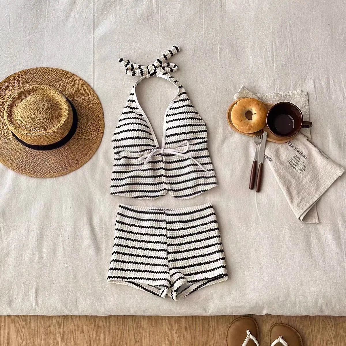2026 New Women's High-End Striped Knitting Bikini Set Halter Deep V Neck Two-Piece Swimsuit Sexy Beach Bathing Suit for Vacation