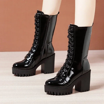 10cm Small Size 32-43 Fall Winter Genuine Leather Boots Platform Shoes 2026 Womens Block High Heels Mid Leg Boots Office Model