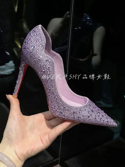 High Heels Women 2025 Spring New gold Sexy Pointy French Thin With Single Shoes Women Crystal Wedding Shoes Women Red Sole Shoe