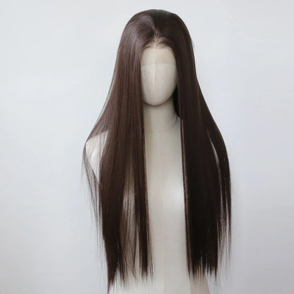 Ashely 13*4 Dark Brown Synthetic Lace Front Wigs Brown Long Straight Lace Front Wig for Women Pre Plucked Natural Hairline