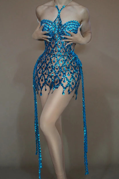 Sparkly Blue Crystals Sequins Sexy Mesh Transparent Halter Dress for Women Party Birthday Dress Singer Dancer Stage Wear